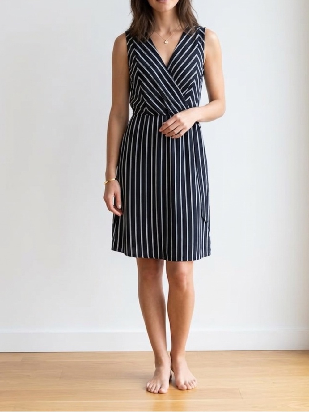 dip Black and White Striped Midi Wrap Dress